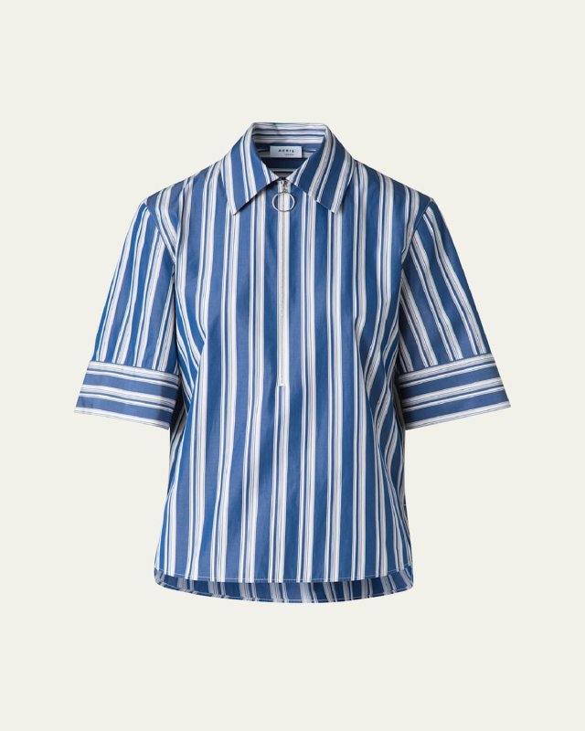 Deck Chair Stripe Zip-Front Poplin Blouse